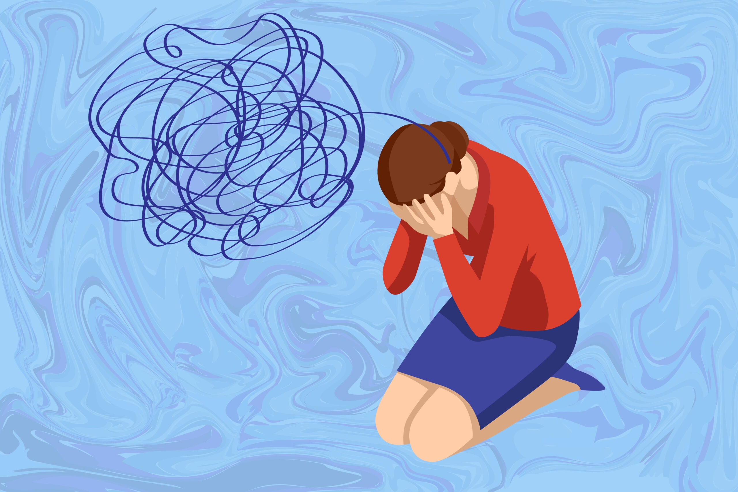 Femme déprimée en vue isométrique, représentant des problèmes de santé mentale, dépression, crises de panique et gestion de la colère