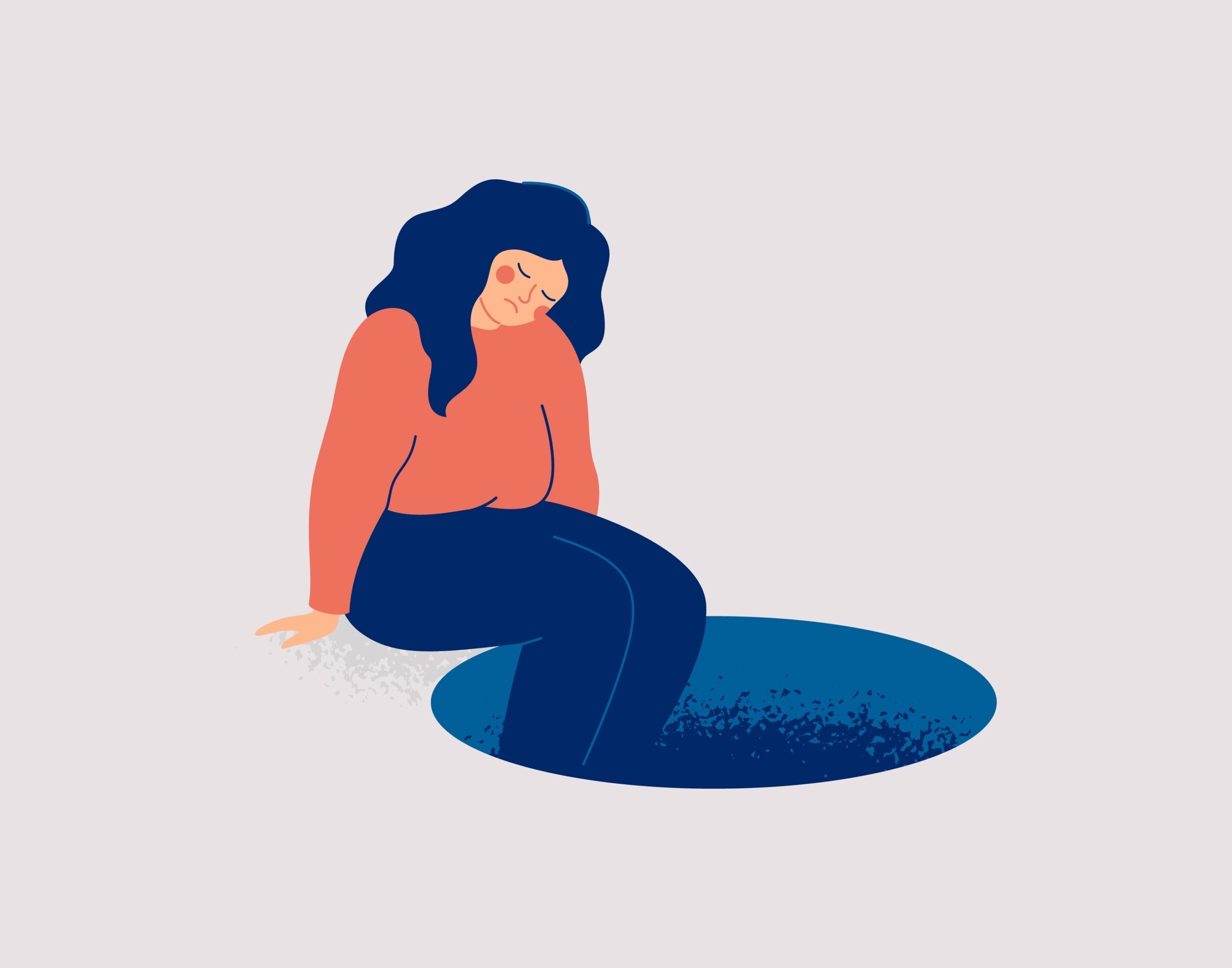 Femme dépressive assise au bord d’un trou sombre, sans perspective. Fille triste, impuissante et apathique. Personne sans motivation.