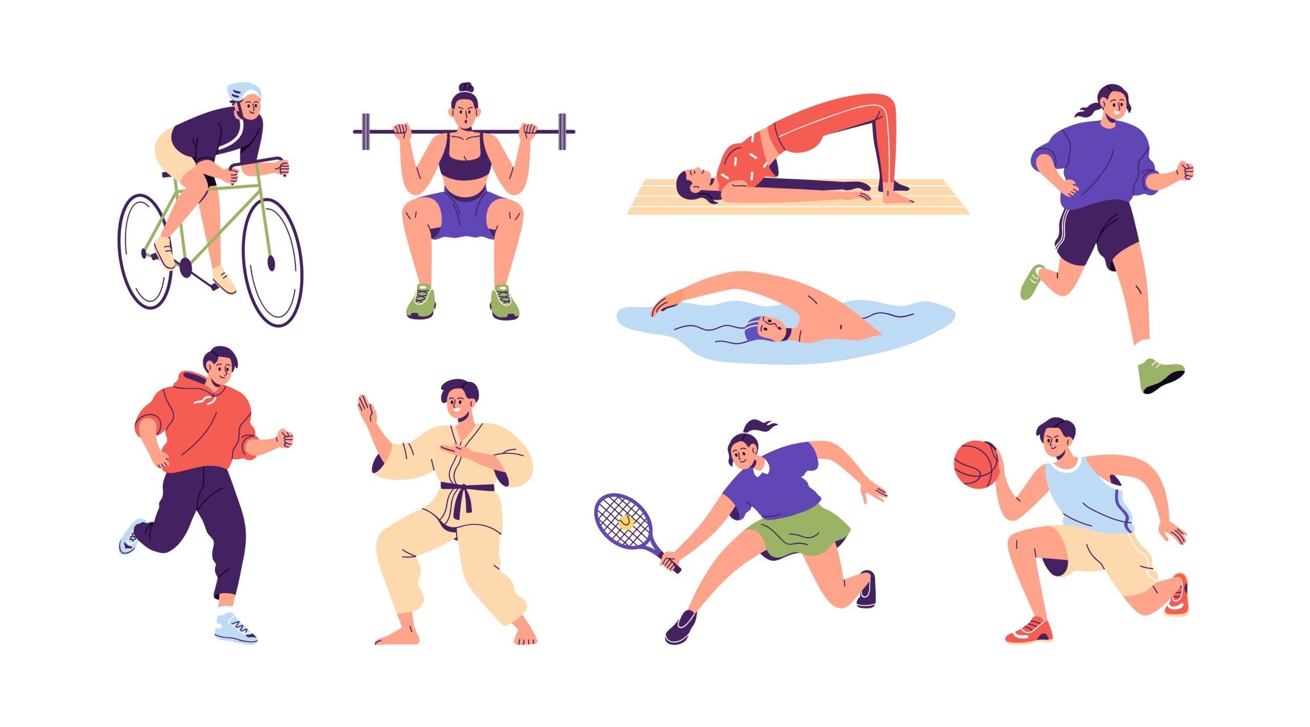 Différentes activités physiques, ensemble de sports. Personnes faisant du vélo, du jogging, de la natation, de l’exercice, jouant au tennis, au basketball, courant.