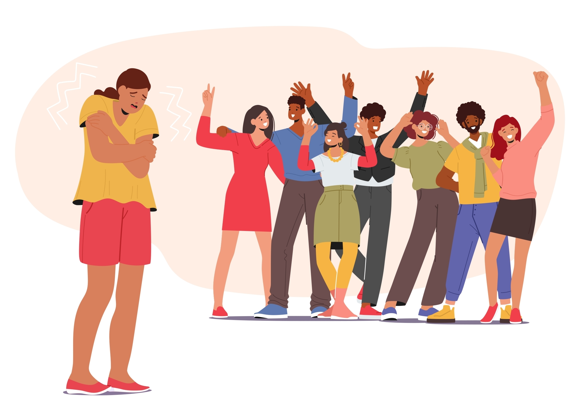 Image vectorielle illustrant les concepts de paranoïa, d’anxiété et de phobie sociale. Personnage féminin isolé et ressentant de la peur tandis qu’un groupe se rassemble joyeusement autour d’elle.